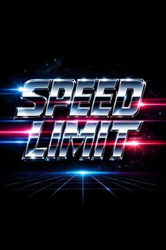 Retro Futuristic 3D Chrome Text Speed Limit with Neon Light Streaks on Black Background