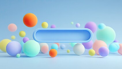 Soft, pastel spheres float around a central, rounded blue button