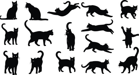 Black cat silhouette collection, feline poses, walking, sitting, jumping, stretching, playful cats, vector illustration, animal clipart, pet design, isolated © Mdjoshel 
