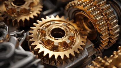 Gleaming golden and silver gears interlocked, showcasing mechanical precision and intricate design