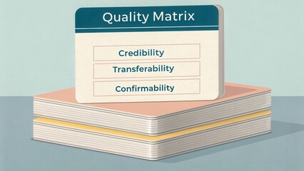 Quality Matrix Conceptual Illustration with Credibility, Transferability, and Confirmability Labels on Stacked Cards