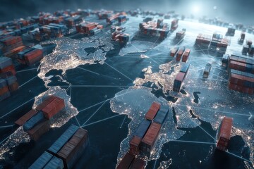 Global logistics network connecting shipping containers across continents utilizing advanced technology for efficient transportation operations