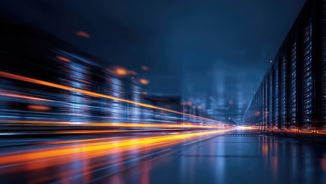 Blurry data center with fast-moving orange lights and server racks - Powered by Adobe
