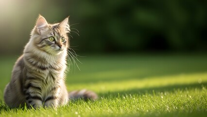 Perfect for pet blogs, animal magazines, and social media content. Adorable cat outdoors in green grass. Ideal for feline enthusiasts.