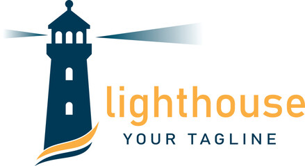 Logo design of light house and beach wave illustration