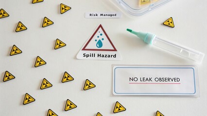 Spill Hazard and Risk Management Visuals with Warning Signs and Safety Equipment for Hazard Assessment and Reporting