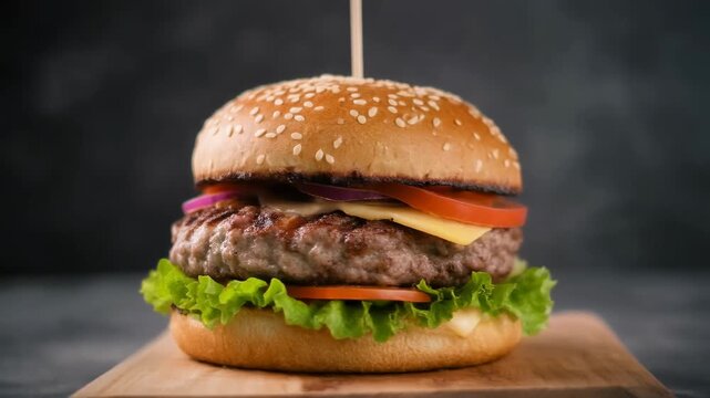 Appetizing gourmet cheeseburger featuring a perfectly grilled beef patty, melted cheddar cheese, crisp lettuce, fresh tomato, and red onion, served on a sesame seed bun on a rustic wooden board