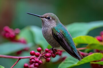 Obraz premium Colorful hummingbird perched on red berries in vibrant natural habitat during daylight hours