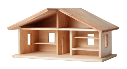 Simple wooden dollhouse interior with shelves and open rooms