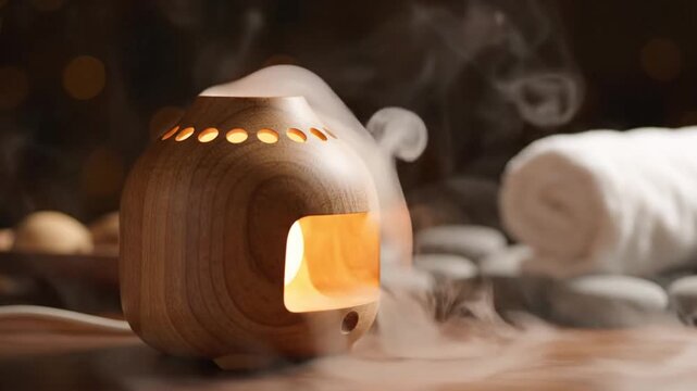Calming Aromatherapy Diffuser Emitting Gentle Steam With Soft Lights and Serene Spa Elements On Wooden Surface