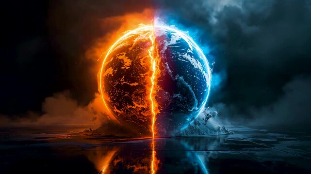 Split glowing planet surface showing fiery orange half and icy blue half reflected on dark water
