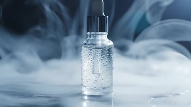 Clear Glass Dropper Bottle Filled With Transparent Serum Surrounded By Wisps Of Fog On A Reflective Surface With Dark Moody Lighting