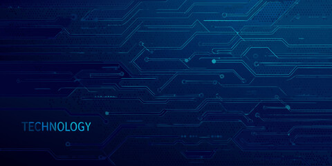 Abstract blue circuit board pattern with technology text overlay