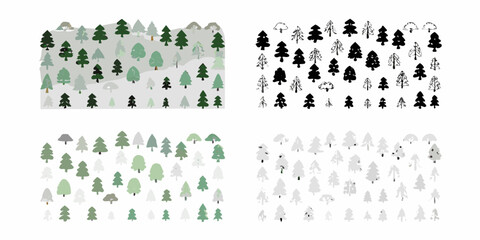 Stylized coniferous forest illustrations in varying color schemes and outlines © Apurba