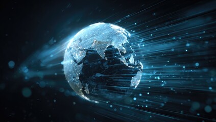 Glowing digital globe emerges from streaks of light against dark background