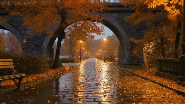 Autumn scenery showcases a wet cobblestone path lined with trees and a bench.