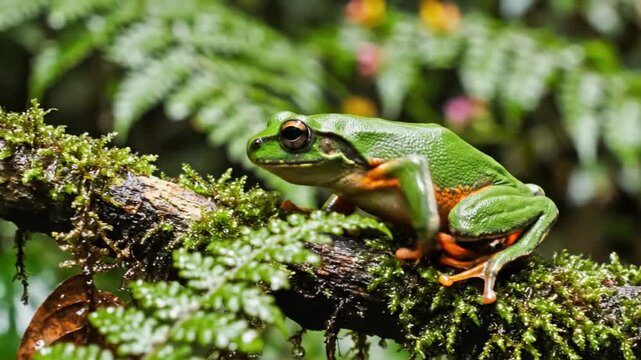 Australian green tree frog perched on moss-covered branch in lush rainforest environment with green foliage background