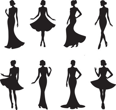 Black Silhouettes of Women in Elegant Dresses