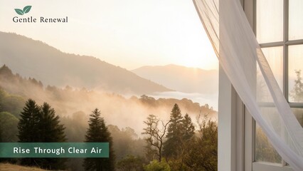 Serene Sunrise Over Misty Mountains with Open Window and Soft Drapes in Peaceful Nature Setting
