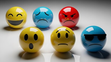Naklejka premium Seven emoji spheres displaying various emotions perfect for social media posts, educational materials, presentations, and digital marketing campaigns.