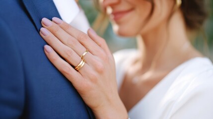 Engaged couple sharing tender moment with golden ring on sleeve