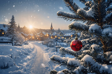 Beautiful rural Christmas and New years eve Background. Wide Angle Holiday Template Greeting card with Christmas red ball on fir tree under falling snow outdoors. Panoramic Header Web banner or Flyer