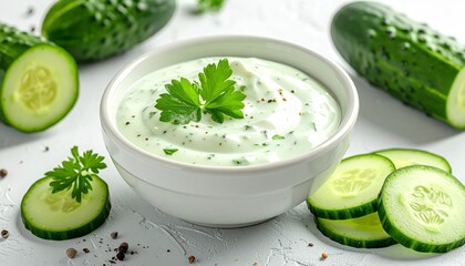 Creamy cucumber dip with fresh garnish on white textured surface