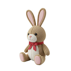 Obraz premium A brown stuffed rabbit toy with a red bow sits upright against a white background, showcasing its pink inner ears and paws.