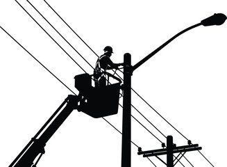 Electrician or utility worker in a bucket truck lift, maintaining or repairing power lines, lamppost and electrical pole, black silhouette vector. © abu's world
