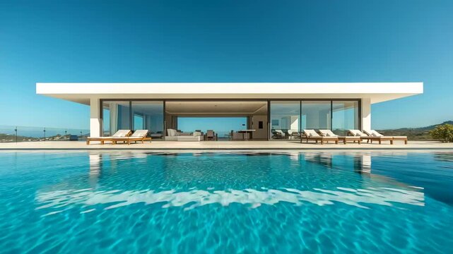 Modern luxury villa with flat roof reflected in clear swimming pool under bright blue sky
