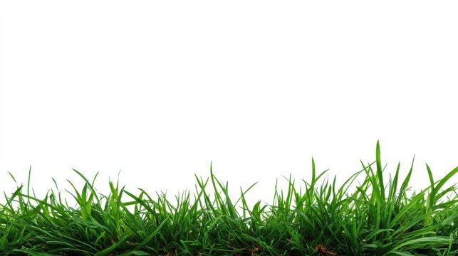 Lush vibrant green grass blades growing densely against bright white background