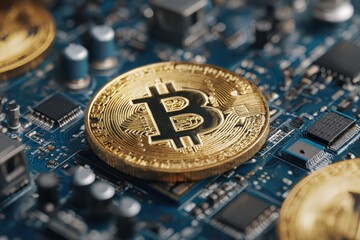 Bitcoin cryptocurrency mining technology showcased on computer motherboard with intricate circuits and microchips highlighting advanced digital currency processes