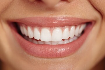 Young woman smiling with bright white teeth, showcasing her healthy smile in a well-lit setting, enjoying a cheerful moment of happiness and confidence