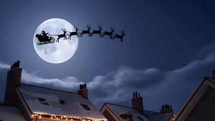 A silhouetted Santa Claus and his reindeer team fly across a massive full moon over a decorated rooftop and a snowy pine forest.