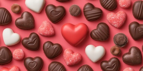 Fototapeta premium delightful assortment of heart-shaped chocolates in various flavors and colors, perfect for gifting or celebrating love.