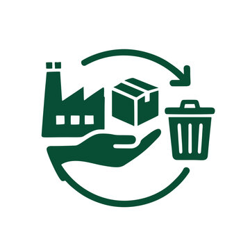Icon "Extended Producer Responsibility (EPR)" - A factory logo holding responsibility for a product box all the way to a trash bin.