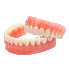 Fototapeta premium A detailed, studio photograph of a set of full upper and lower false teeth against a black background.