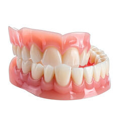 Realistic model of upper and lower dentures against a black background.