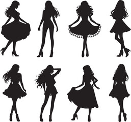group of girl's icon silhouette vector with white background