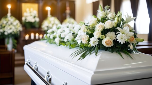 White casket adorned with elegant floral arrangements in a serene funeral home setting, surrounded by soft lighting and peaceful ambiance, reflecting themes of remembrance and loss