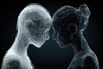 Two translucent, wireframe human heads, one light, one dark, face-to-face