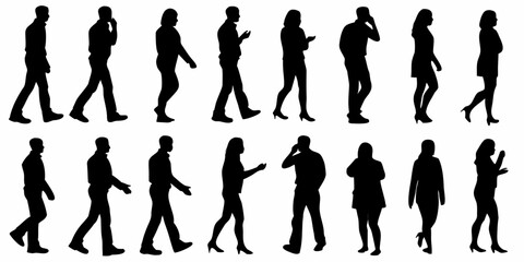 Fototapeta premium Silhouettes of people walking and interacting in various poses and outfits