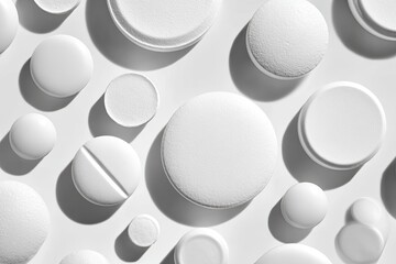 A collection of various white circular medicinal tablets and capsules
