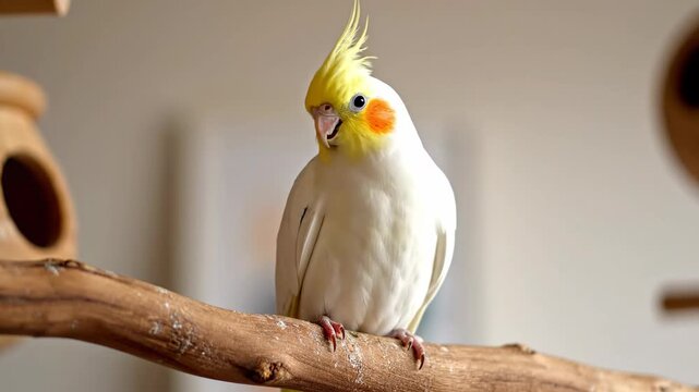 Close-up of a beautiful cockatiel bird perched on a branch.