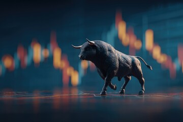 Powerful bull strides forward against blurred stock market chart backdrop