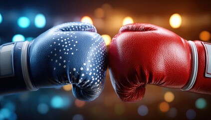 Close-up of red and blue boxing gloves touching in a confrontational stance