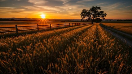 Golden Hour Serenity - A Wheat Fields Embrace at Sunset.
