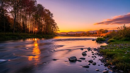 Golden Hour Serenity - River Reflecting Sunset Amidst Autumnal Trees.