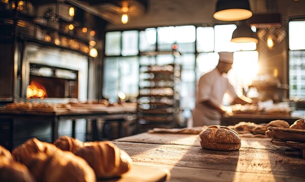 Warm, rustic bakery interior with fresh baked goods and baker at work