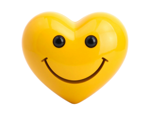 A 3D render of a cheerful, glossy, yellow heart with a smiling face on a transparent background